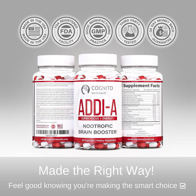 ADDI-A Super Focus + Energy, No.1 Natural Brain Booster for College Students & Professionals, Nootropics: L Tyrosine L Carnitine Citicoline Caffeine L Theanine Teacrine, Premium Nootropic [90Ct]