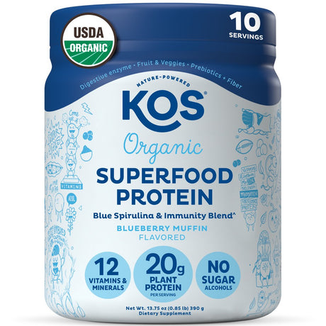 KOS Plant Based Protein Powder, No Erythritol, Blueberry Muffin - Organic Pea Protein Blend, Superfood with Spirulina & Immune Support Blend - Dairy Free, Meal Replacement for Women & Men, 10 Servings