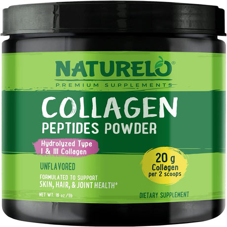 NATURELO Collagen Peptide Powder, Hydrolyzed Collagen Type I & III, Skin Hair & Joint Health - Unflavored, 16 Ounces | 45 Servings