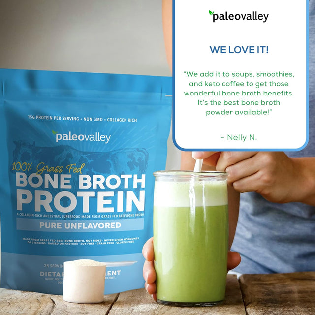 Paleovalley 100% Grass Fed Beef Bone Broth Protein Powder - Rich in Collagen Peptides for Hair, Skin, Gut Health, Bone and Joint Support - 28 Servings, 15G Protein per Serving - No Gluten or Gmos