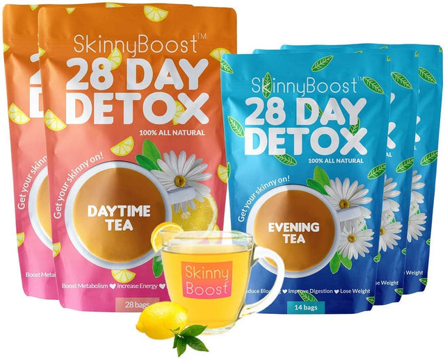 Skinny Boost 28 Day Detox Bundle- 2 Daytime Teas(28 Tea Bags) 3 Evening Tea(14 Tea Bags) Detox, Cleanse, Supports Metabolism Boost, All Natural, Vegan, Non GMO, Keto Friendly