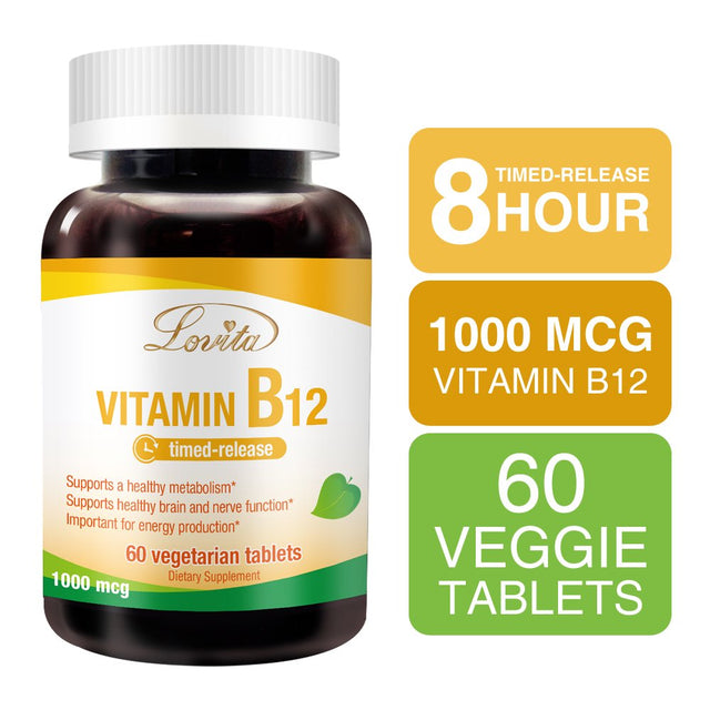 Lovita Vitamin B12 1000 Mcg (B12 Vitamins as Cyanocobalamin), Timed Release B12, Vegan-Friendly, Supports Nervous System, 60 Vegetarian Tablets (Pack of 3)