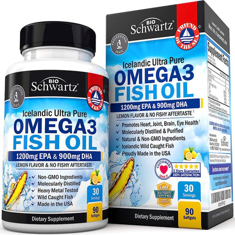 Bioschwartz Fish Oil Omega 3 EPA & DHA 2250 Mg- Immune & Heart Support Fatty Acids Pills - Promotes Immunity, Joint, Eyes, Brain & Skin Health - Non GMO 90 Ct