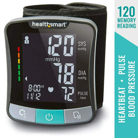 Healthsmart Digital Premium Wrist Blood Pressure Monitor with Cuff That Measures Pulse Heartbeat and High or Low BP, 120 Reading Memory Stores up to 60 Readings for 2 Users