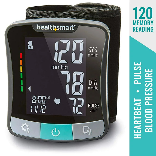 Healthsmart Digital Premium Wrist Blood Pressure Monitor with Cuff That Measures Pulse Heartbeat and High or Low BP, 120 Reading Memory Stores up to 60 Readings for 2 Users