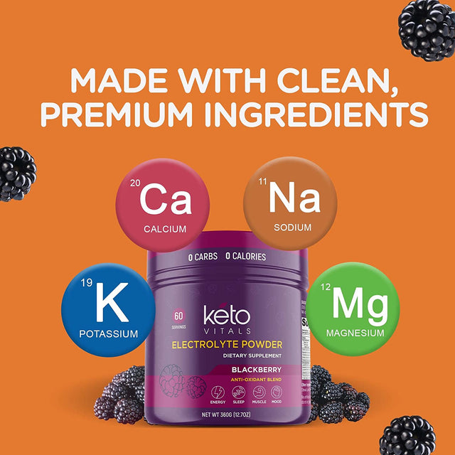 Keto Vitals Electrolyte Powder - Sugar Free Keto Electrolytes Powder with Potassium, Magnesium, Sodium, & Calcium - No Sugar Electrolyte Drink Mix & Hydration Powder, 60 Servings, Blackberry