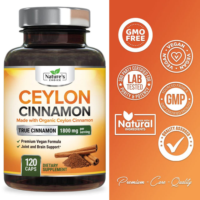 Ceylon Cinnamon Capsules - Certified Organic Cinnamon Pills, Non-Gmo, Dairy & Gluten Free, Sri Lanka Cinnamon Powder Supplement, Vegan True Cinnamomum Vitamins, Sugar Free, 120 Count Cinnamon Capsules