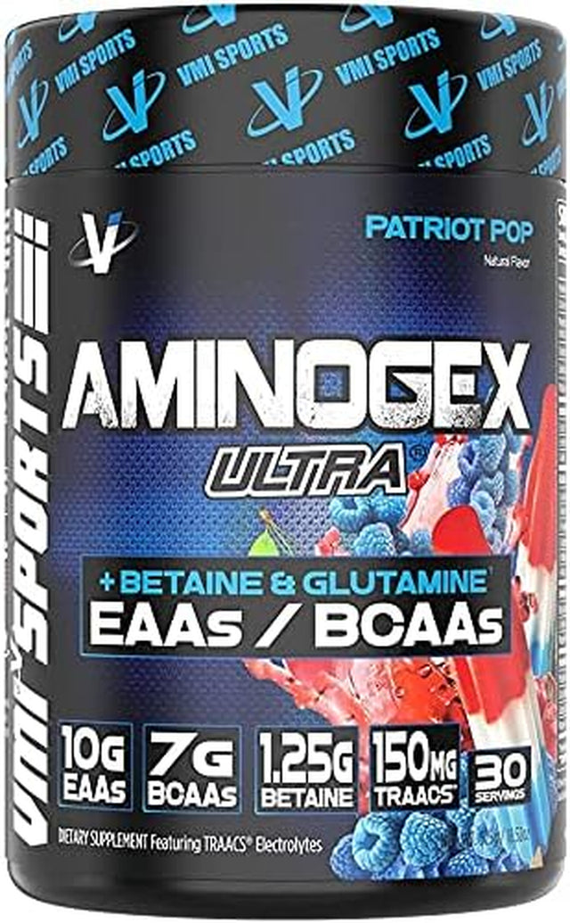 VMI Sports Aminogex Ultra | BCAA Powder | Amino Acids + Betaine and Glutamine | Amino Acid Post Workout Recovery Drink | Intra Workout Drink with Electrolytes | (30 Servings) (Patriot Pop)