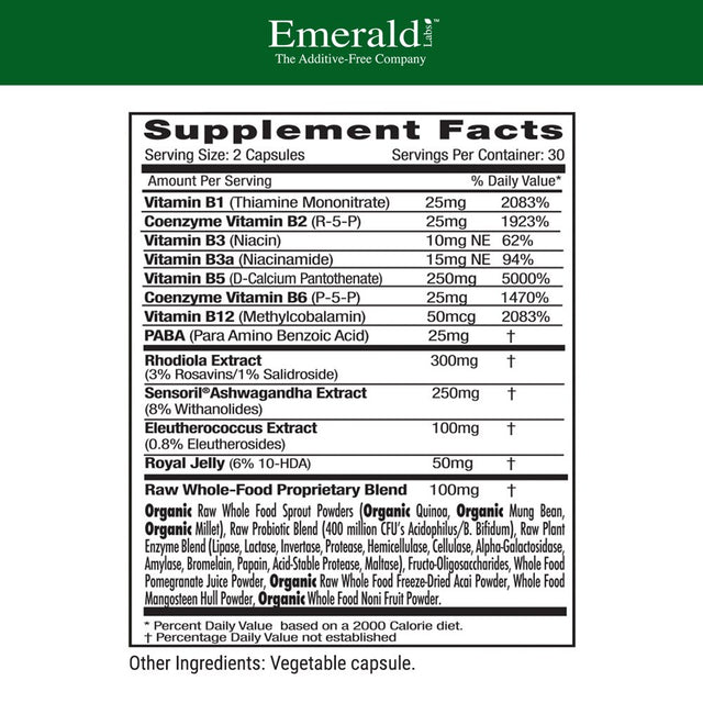 Emerald Labs Adrenal Health with Sensoril Ashwagandha, Vitamin B12, and Rhodiola for Adrenal Support, Stress Relief Support and Mental Clarity - 60 Vegetable Capsules