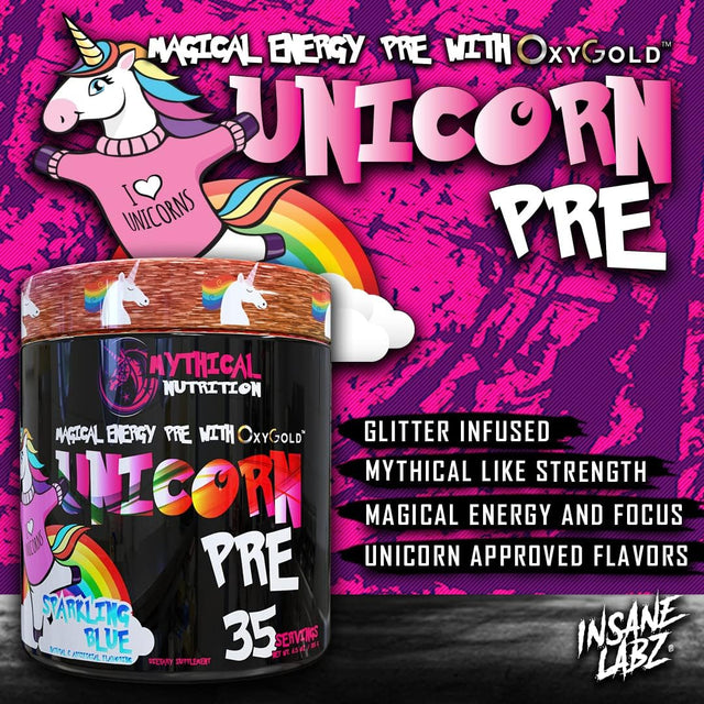 Unicorn PRE Workout by Insane Labz, Pre Workout Powder with Edible Glitter, Extreme Energy Nitric Oxide Boosting, Beta Alanine Betaine Taurine Ampiberry, 35 Srvgs, Glitter Punch