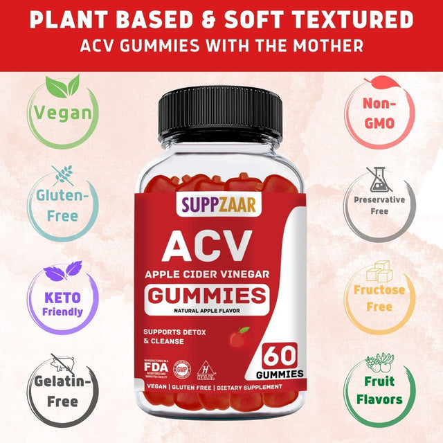 Vegan Apple Cider Vinegar Gummies with the Mother, 500Mg 60 Servings - ACV Gummies for Immune System, Digestion, Natural Detox & Cleanse - Alternative to Apple Cider Vinegar Capsules