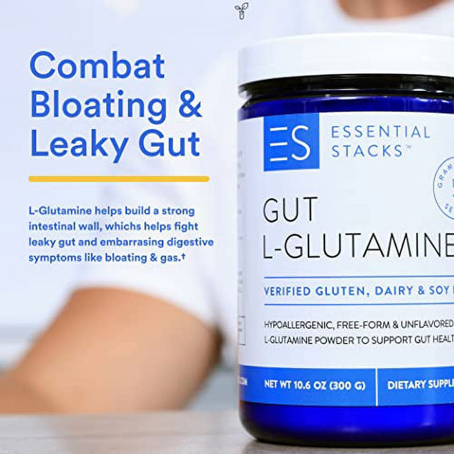 Essential Stacks Gut L-Glutamine Powder - Gluten, Dairy & Soy Free - Made in USA - Pure L Glutamine Powder for Gut Health, Bloating & Leaky Gut - Non-Gmo & Vegan Glutamine Supplement