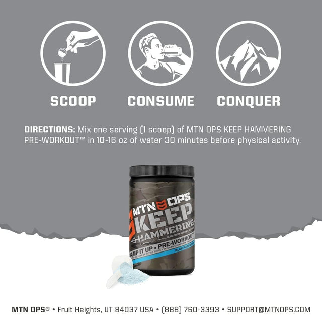 MTN OPS Pre-Workout Powder Energy Drink Keep Hammering Series by Cameron Hanes, Blue Raspberry, 20 Servings, 23.2Oz