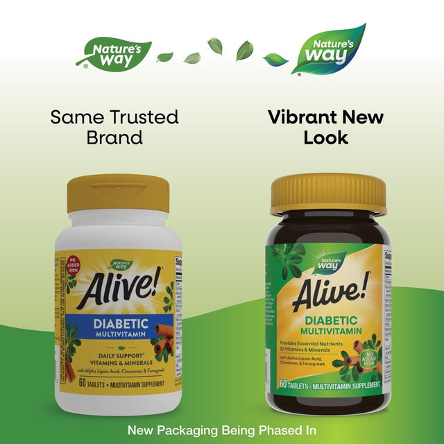 Alive! Diabetic Multivitamin, Nutritional Support for Adults with Diabetes, B-Vitamins, Unisex, 60Ct