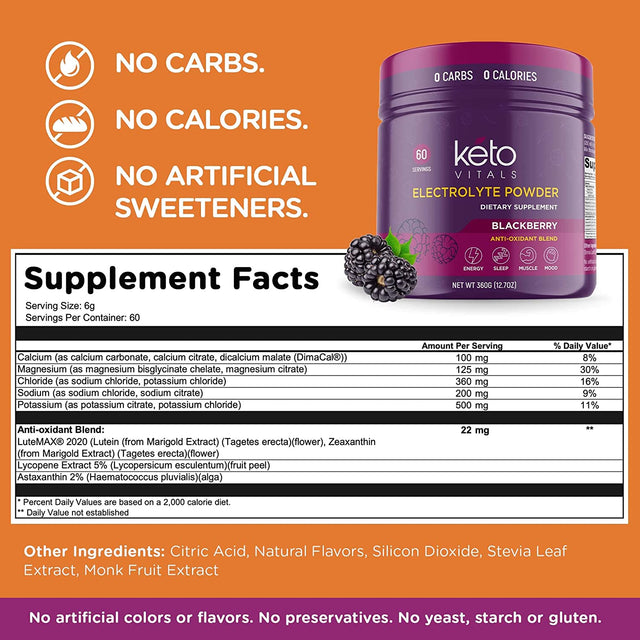 Keto Vitals Electrolyte Powder - Sugar Free Keto Electrolytes Powder with Potassium, Magnesium, Sodium, & Calcium - No Sugar Electrolyte Drink Mix & Hydration Powder, 60 Servings, Blackberry