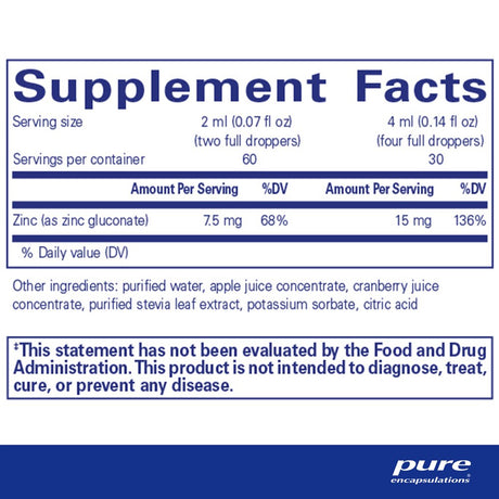 Pure Encapsulations Zinc Liquid 15 Mg | Zinc Gluconate Hypoallergenic Supplement for Immune Support | 4 Fl. Oz.