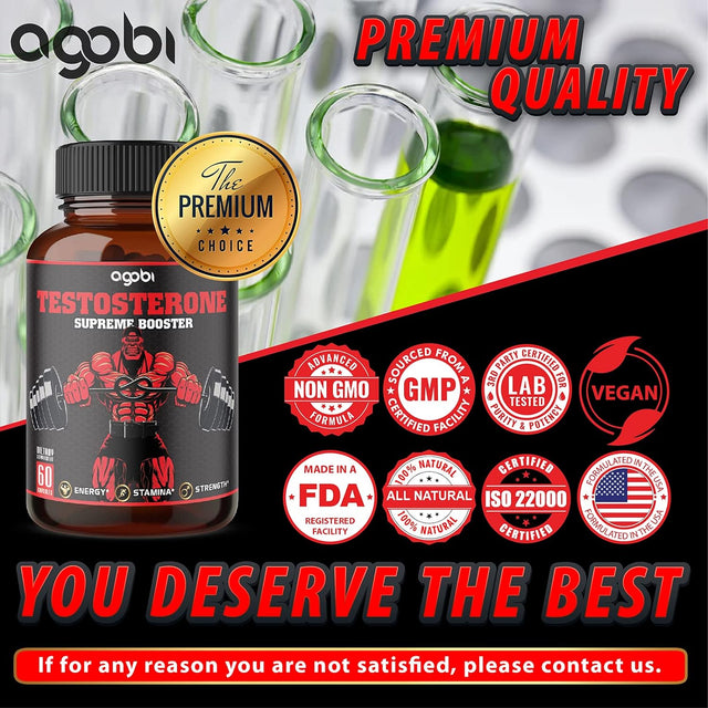 Agobi Testosterone Supplement for Men - 11 Potent Herbs Equivalent to 14000Mg - Ashwagandha, Tribulus, Ginseng & More - 60 Capsules for 1 Month