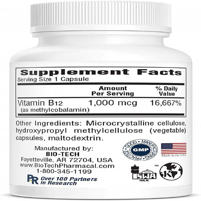 Bio-Tech Pharmacal B12-Methyl, 100 Vegetarian Capsules – All-Natural Supplement – Supports Cognitive Function, Sleep, Cardiovascular, & Nervous System Health – No Dairy, Fish, Gluten, Peanut,