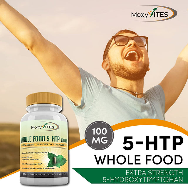 5HTP 100Mg Supplement, plus B6, 5 HTP Organic Whole Food - Best Serotonin Booster - Non-Gmo, 120 Vegan Capsules