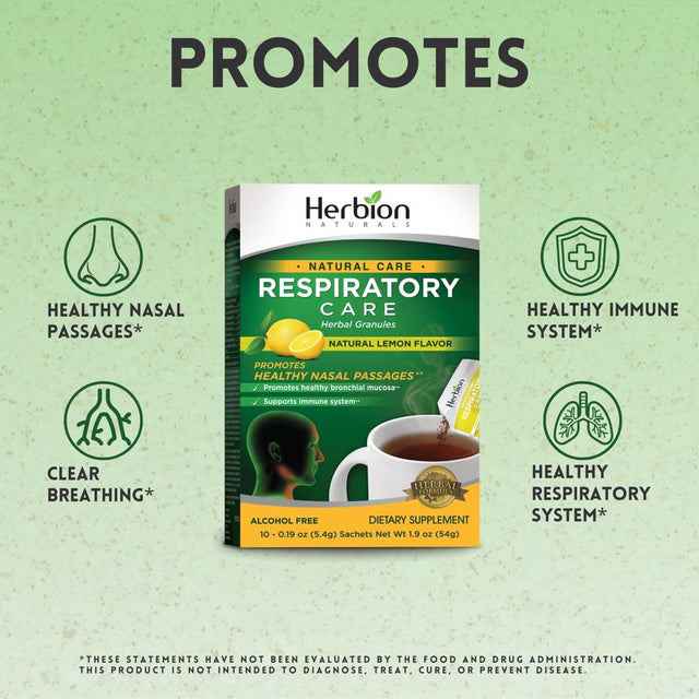 Herbion Naturals Respiratory Care Herbal Granules with Natural Lemon Flavor – 10 Ct, for the Whole Family – Promotes Healthy Respiratory Function - Relieves Cold & Flu Symptoms – Supports Immune Syste