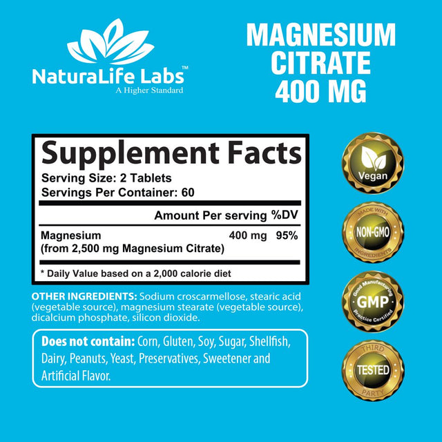 Magnesium Citrate 400 Mg - 120 Tablets Elemental Magnesium Supports Function of Muscles, Bones, Heart Non-Gmo per Serving