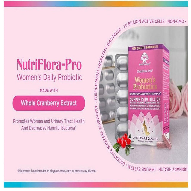 Nutricelebrity Nutriflora-Pro Probiotics for Women - Support Vaginal, Urinary Health (UTI), Digestive System, Period Pain, Yeast, and BV Relief, Cranberry Pills, 10 Billion CFU 6 Strains (30 Caps)