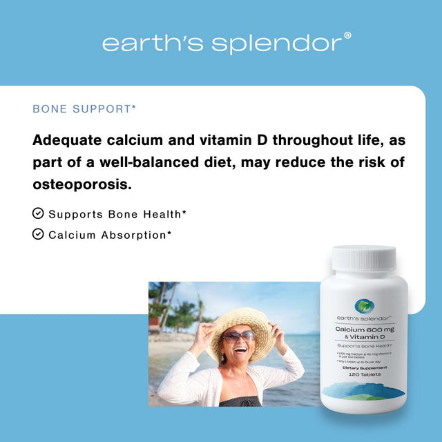 Earth'S Splendor Calcium and Vitamin D, 600Mg, Dietary Supplement, 120 Tablets