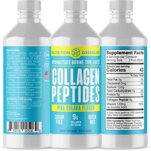 Collagen Peptides Hydrolyzed Liquid Concentrate 9000Mg Hair, Skin, Nail Health Supplement Sugar Free Vitamin C 16 Oz