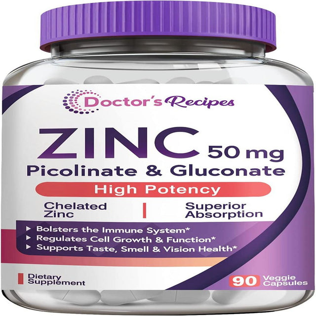 Doctor S Recipes Zinc Capsules 50 Mg from Highly Absorbable Zinc Picolinate & Gluconate, Supports Natural Immune Defense, DNA & Protein Formation, Cell Growth, Non-Gmo No Dairy 90 Veggie Caps