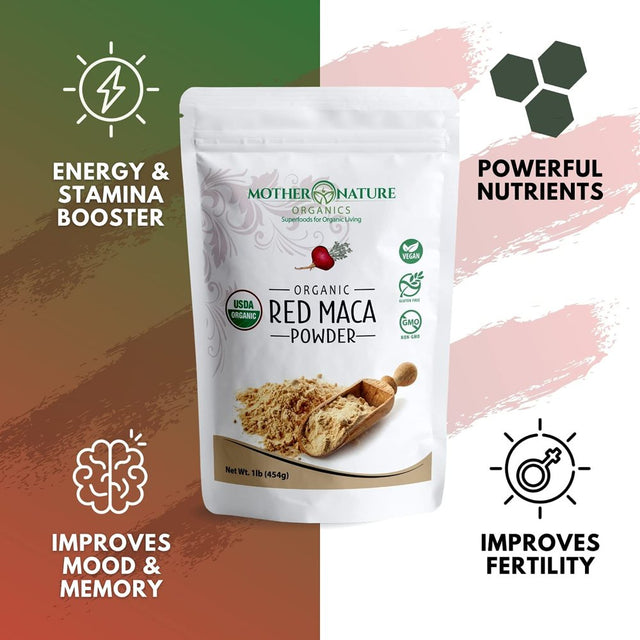 Red Maca Root Powder for Men & Women | 100% Organic, Vegan, Gluten-Free, and Non-Gmo | Pre Workout, Muscle Mass Gainer Recovery, Energy Drink Powder, Hormone Balance, Prostate Supplements - (16 Oz)