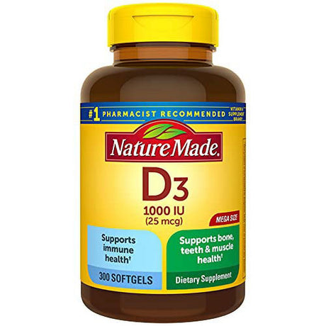 Nature Made Vitamin D3, 300 Softgels, Vitamin D 1000 IU (25 Mcg) Helps Support Immune Health, Strong Bones and Teeth, & Muscle Function, 125% of the Daily Value for Vitamin D in One Daily Softgel