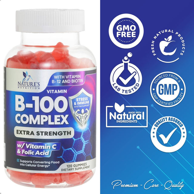 Super B Complex Gummies with Vitamin C & Folic Acid, Extra Strength Vitamin B Gummy Supplement with Niacin, B6, Folic Acid, B12, Biotin, Nature'S Energy Immune Support Supplements - 120 Gummies