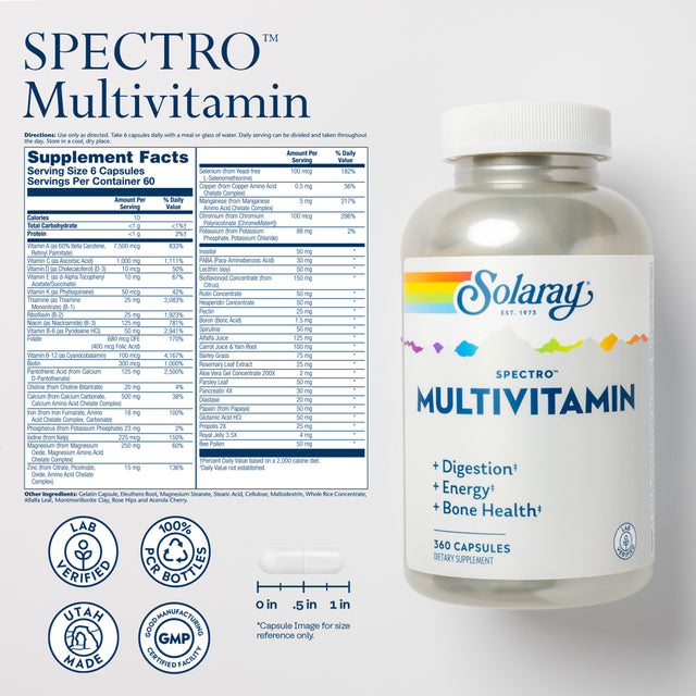 Solaray Spectro Multivitamin with Iron | Cal/Mag, Energizing Greens & Herbs with Digestive Enzymes | 360 Caps | 60 Serv.