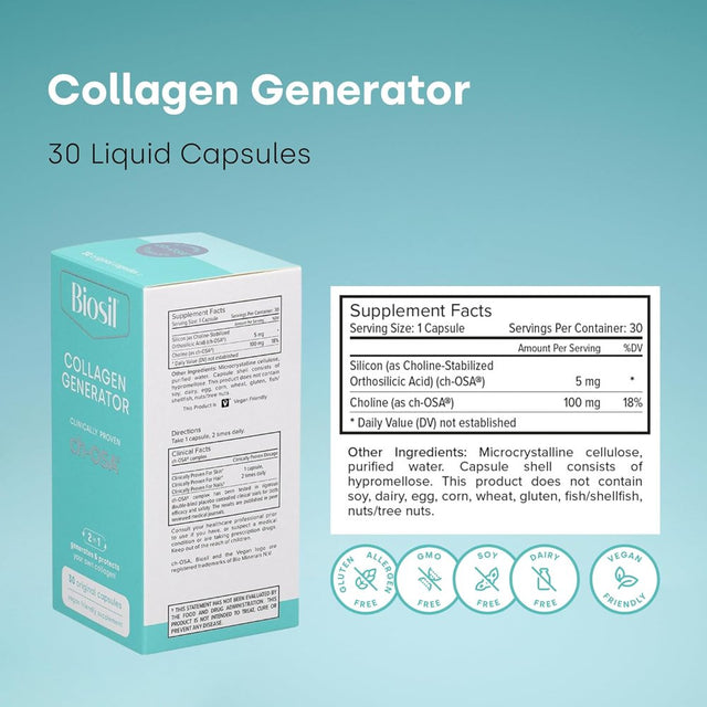 Biosil Advanced Collagen Generator Pills - Patented & Clinically Tested Collagen Booster Supplement for Hair, Skin and Nails & Bone and Joint Support - Vegetarian Capsules 30Ct