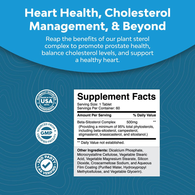 Plant Sterols Complex with Beta Sitosterol - 500Mg Beta-Sitosterol Sterols and Stanols Supplement for Heart Health and Prostate Support - Heart and Prostate Health Supplement for Men - 60 Tablets