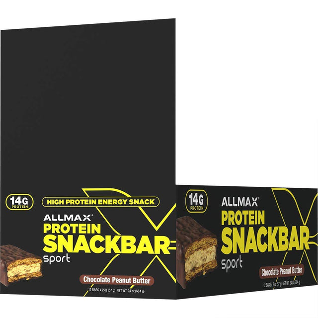 ALLMAX SPORT PROTEIN SNACKBAR, Chocolate Peanut Butter - Pack of 12 - High-Protein Energy Snack - 14 G of Protein per Bar - with Whey Protein Isolate