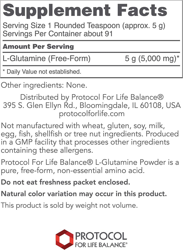 Protocol L-Glutamine 5G Powder - Immune Support, Nitrogen Balance, Gut & Brain Health - Amino Acids Supplement - L-Glutamine Powder - Kosher - 1 Lb - 91 Servings