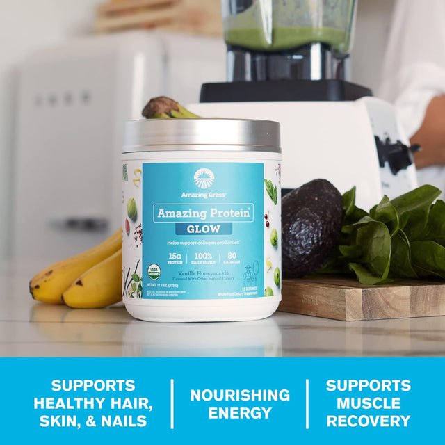 Amazing Grass GLOW Vegan Collagen Support with Biotin and Plant Based Protein Powder, Vanilla Honeysuckle, 15 Servings