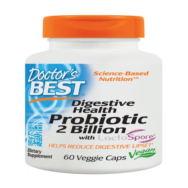 Doctor'S Best Digestive Health Probiotic 2 Billion with Lactospore, Non-Gmo, Vegan, Gluten Free, Soy Free, 60 Veggie Caps