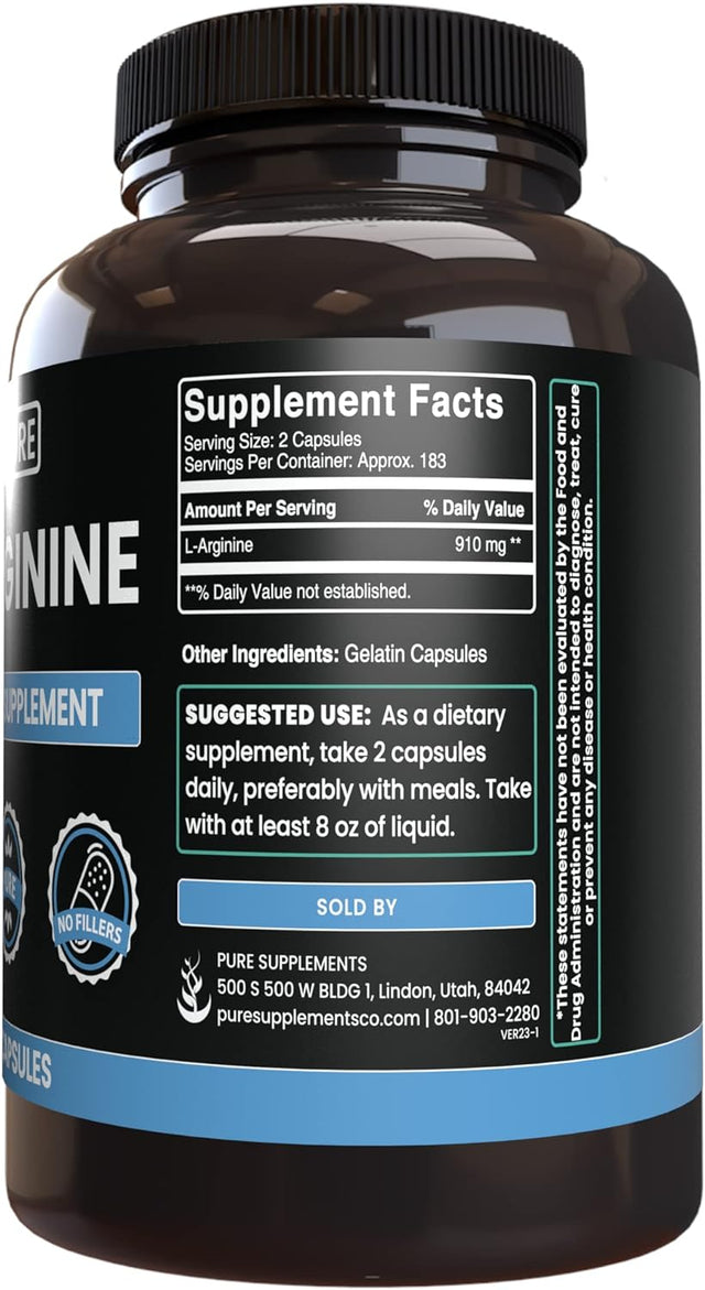 Pure Original Ingredients L-Arginine (365 Capsules) No Magnesium or Rice Fillers, Always Pure, Lab Verified