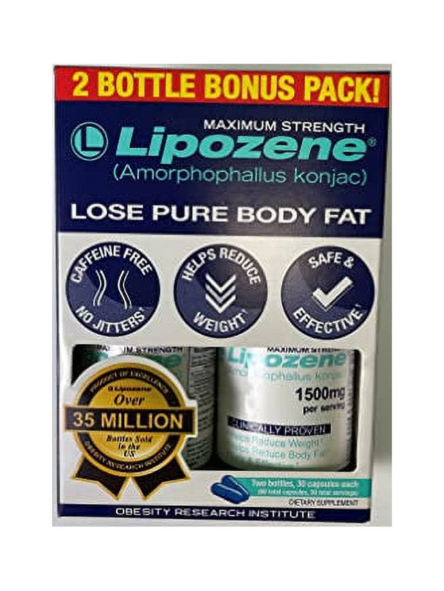 Lipozene Diet Pills - Weight Loss Supplement - Appetite Suppressant and Control - Two Bottles 60 Capsules Total , No Stimulants No Jitters