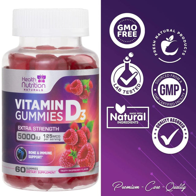 Vitamin D3 Gummies 5000 IU (125 Mcg), Bone & Immune Support Vitamin D Gummy Dietary Supplement for Teeth & Muscle Support, Nature'S Berry Vitamin D Supplement, Non-Gmo - 60 Gummies