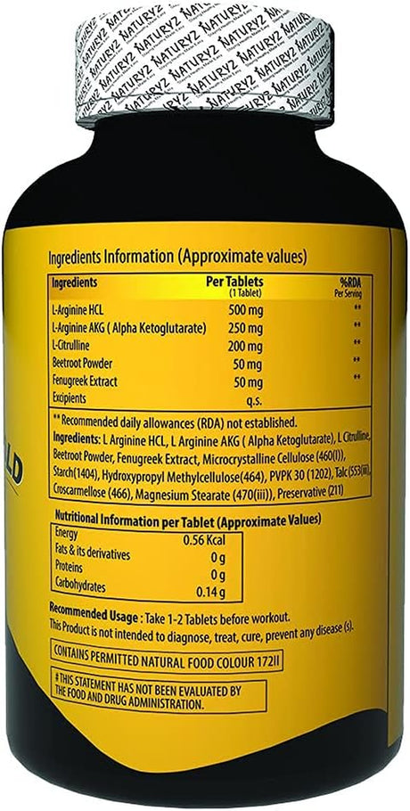 Naturyz Arginine Gold Pre-Workout Tablets with 1500Mg L- Arginine, 400Mg Citrulline, Beetroot Powder & Fenugreek Extract per Serving - 60 Tablets