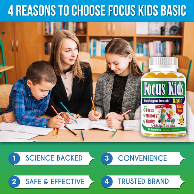 Focus Kids Kids Brain Booster Supplements Brain Focus Gummies Omega 3 for Kids Attention & Focus, Brain Booster, Memory & Concentration- 60Ct