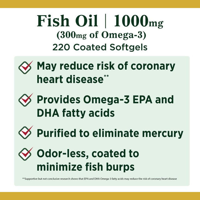 Nature’S Bounty Omega-3 Fish Oil 1000 Mg Softgels for Heart Health, Odorless, 220 Ct