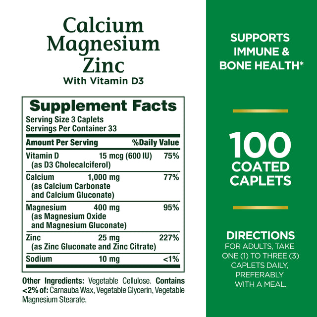 Nature'S Bounty Calcium, Magnesium, Zinc Coated Caplets for Bone Health, 100 Ct