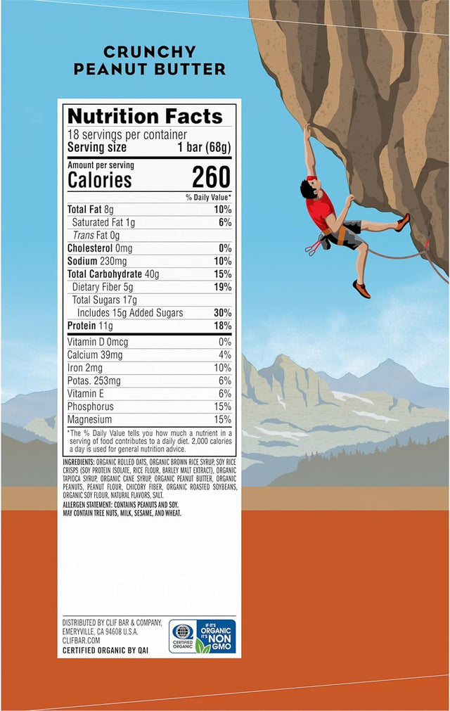 CLIF BAR - Crunchy Peanut Butter - Made with Organic Oats - Non-Gmo - Plant Based - Energy Bars - 2.4 Oz. (18 Pack)