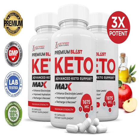 (3 Pack) Premium Blast Keto ACV MAX Pills 1675Mg Dietary Supplement 180 Capsules