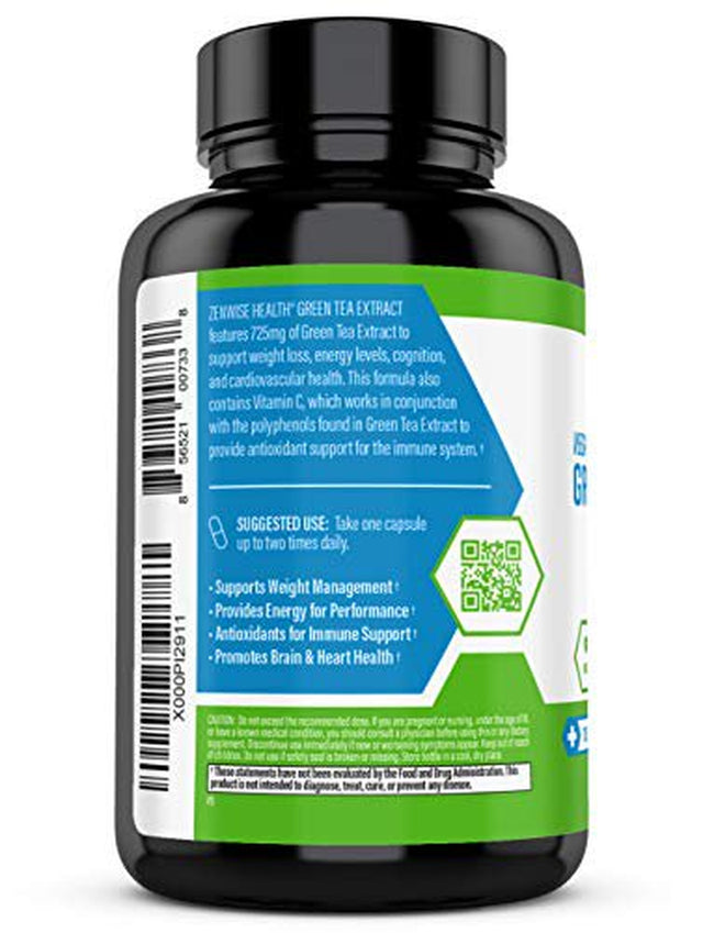 Zenwise Green Tea Extract with EGCG & Vitamin C - Antioxidant & Immune Supplement - Vegan Skin & Heart Support Brain Health & Memory Boost - 120 Count