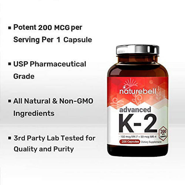 Advanced Vitamin K2 Supplement with MK-7 & MK-4, 200 Mcg, 200 Capsules, Vitamin K2 Complex Supplement, Supports Joint and Heart Health, Non-Gmo